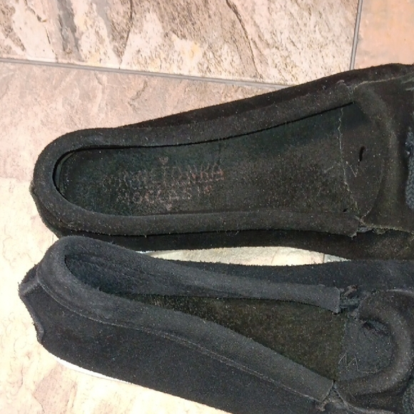 Women's Minnetonka Black Suede Moccasins with Beaded Accents - Picture 2 of 7